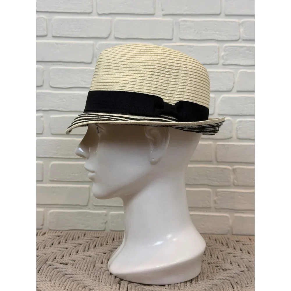 Cream Straw Fedora Black Striped Brim One Size